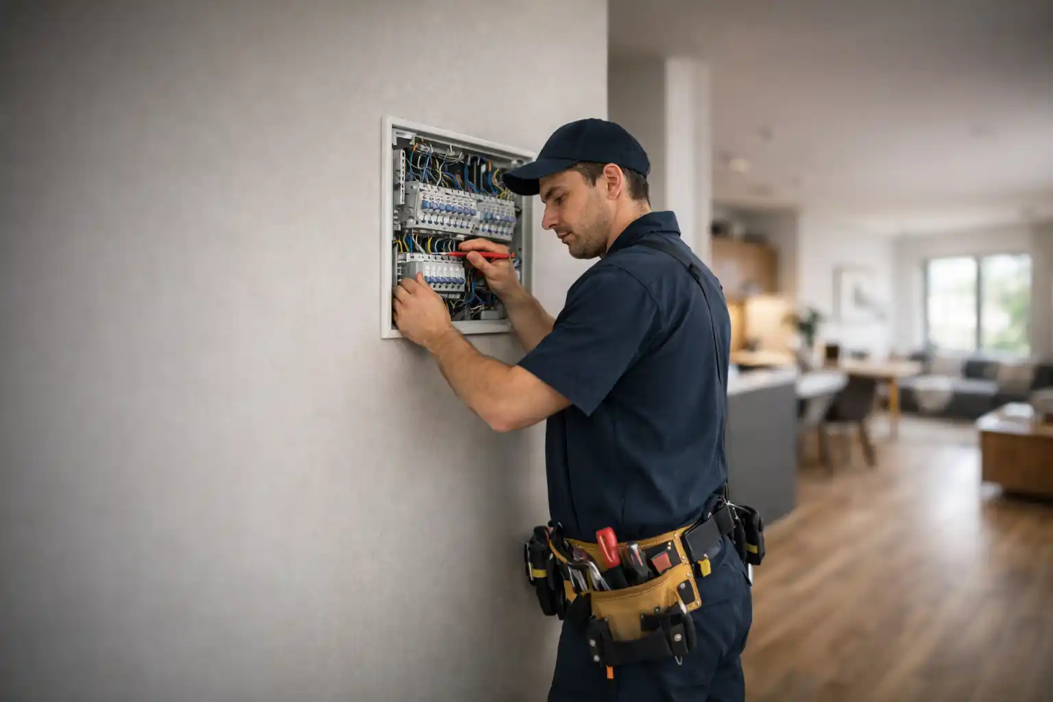 Electrician installing modern consumer unit